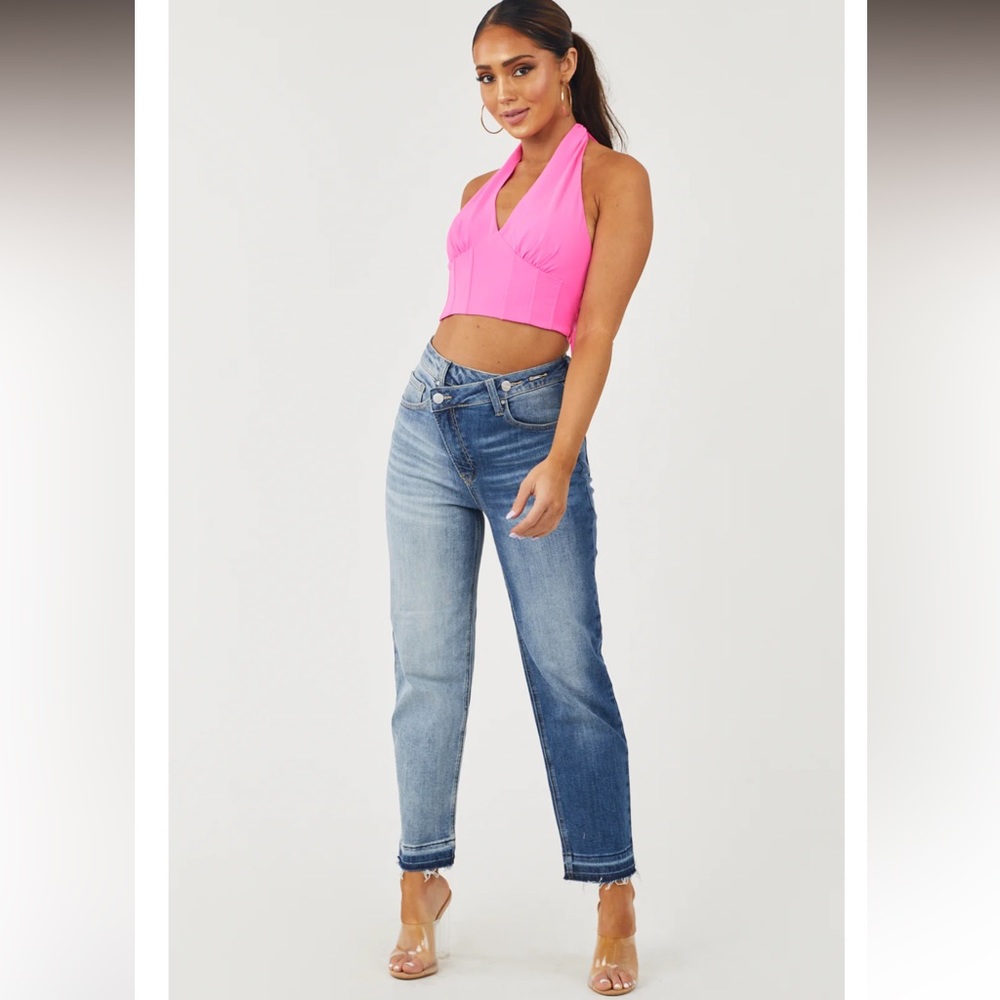 Two Tone High Rise Crossover Waist Straight Jeans